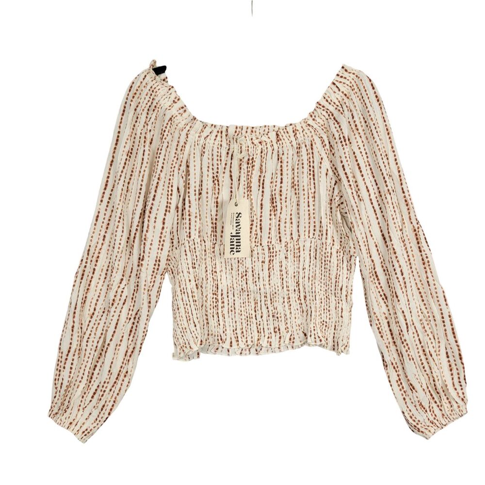 SAVANNA JANE Cream Brown Striped Bohemian Smocked Crop Top Artsy SIZE SMALL